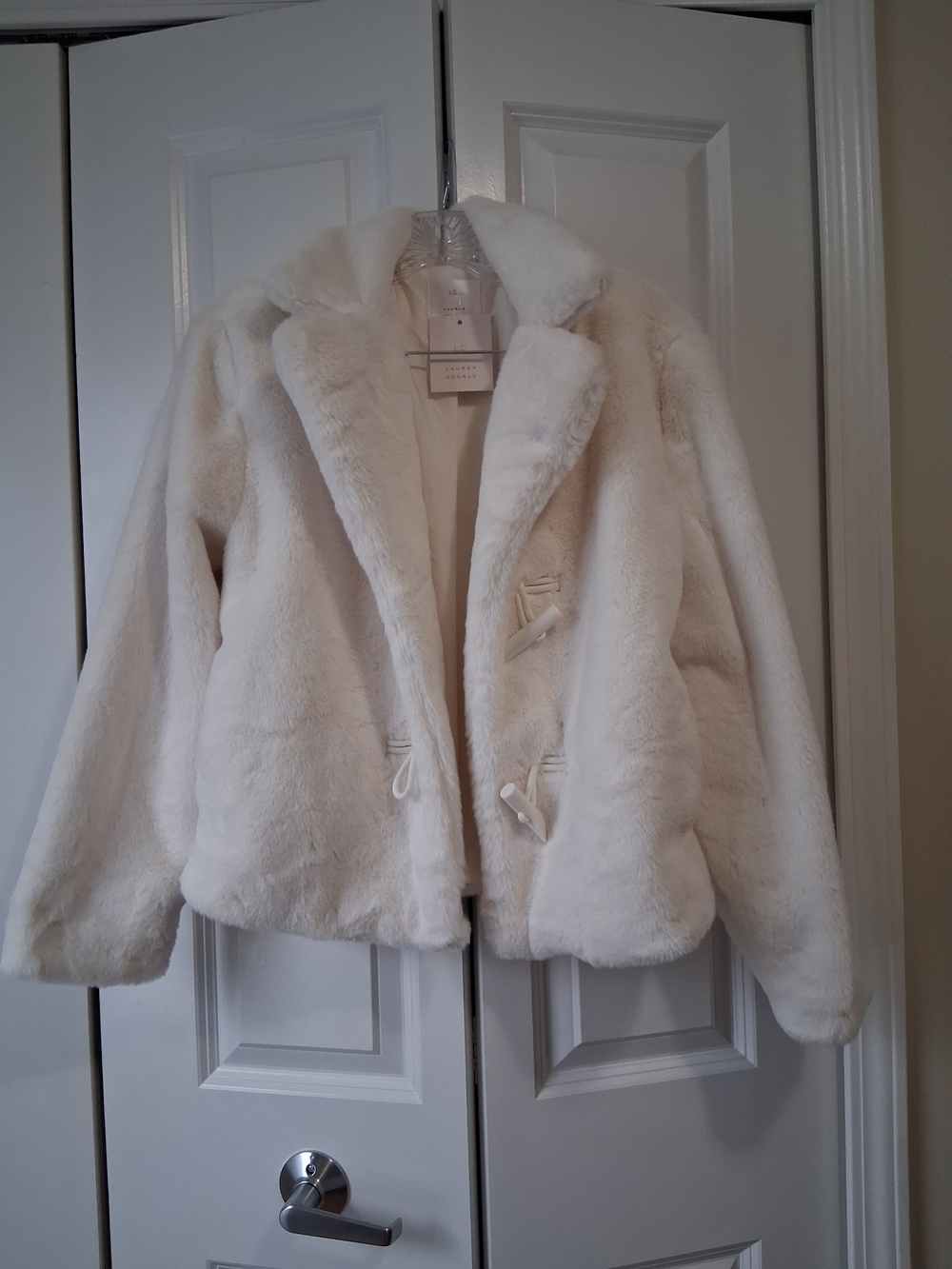 LC Lauren Conrad Cream Faux Fur Jacket with Toggle Detail